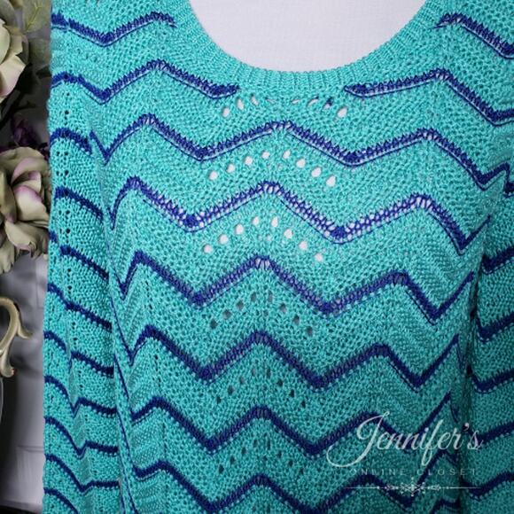 3/$25 Ruby Rd. Women's Turquoise and Royal Blue Chevron Fringe Sweater Medium - Picture 4 of 10